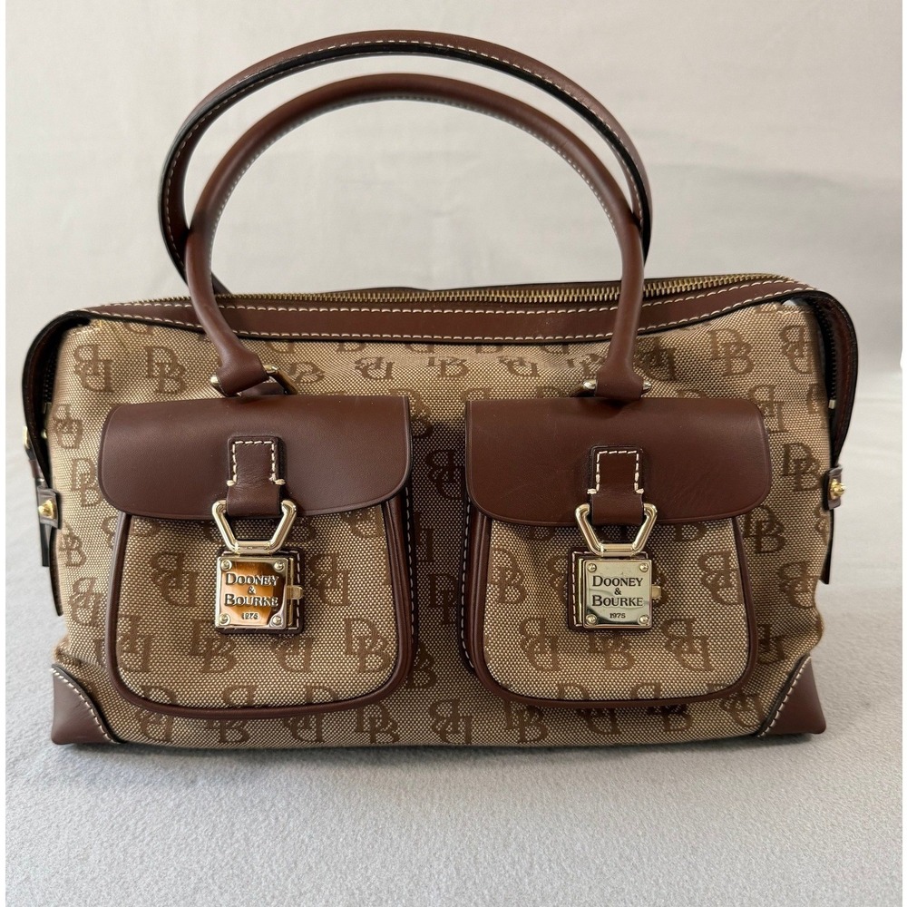 Dooney & Bourke Monogram Canvas Leather Trim Satchel Handbag Brown Pockets